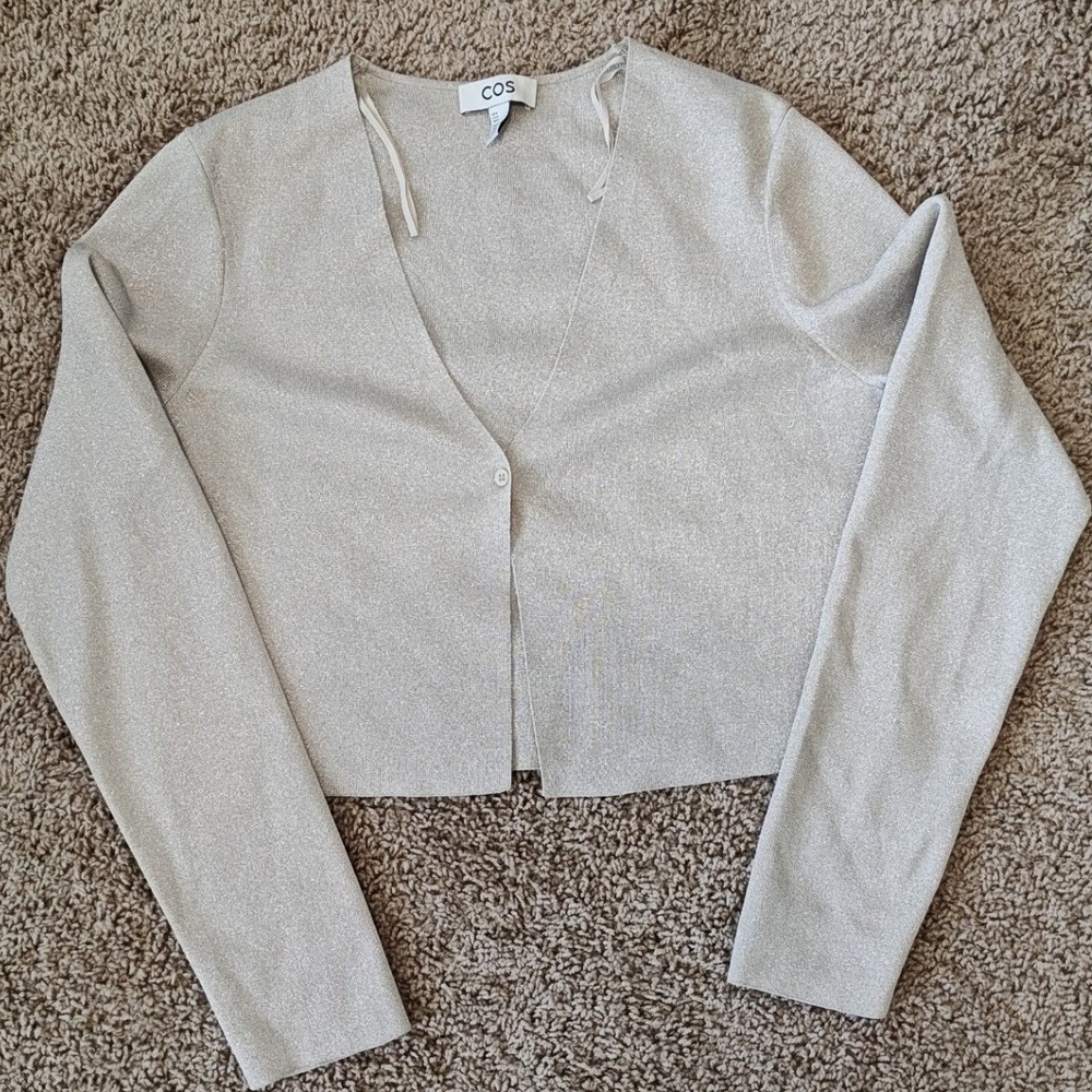 COS Women Metallic Silver Champagne Cropped Cardigan V-Neck Single Button Size M